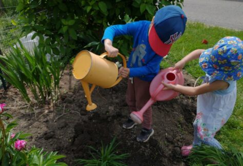 Two kids watering the garden with pink and yellow watering cans