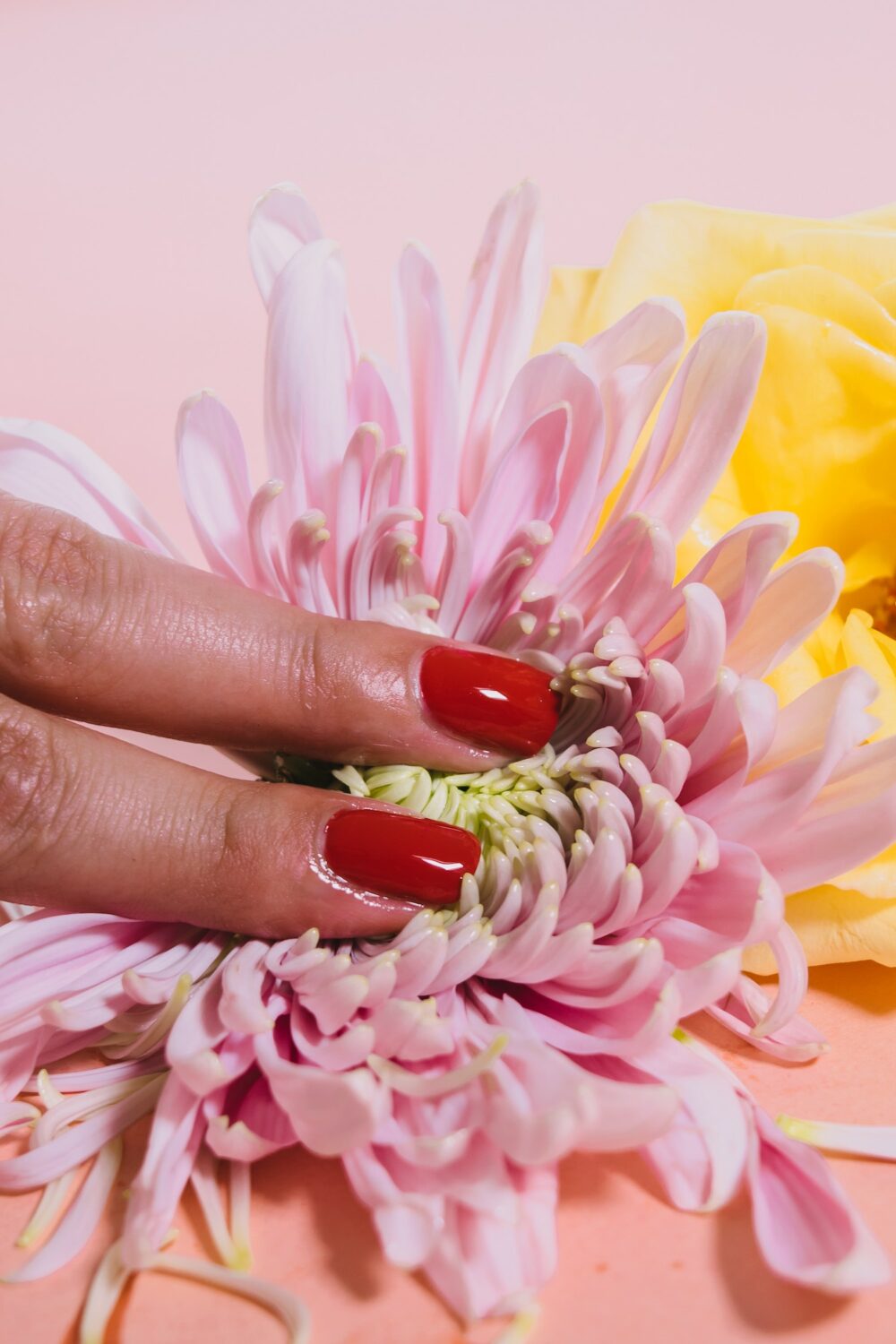 Two female fingers pressing on a flower suggestively